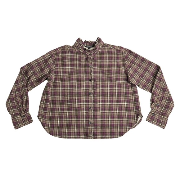 Banana Republic Top Womens S Sugar Plum Plaid Flannel Ruffle Neck Preppy Boho - Picture 2 of 14